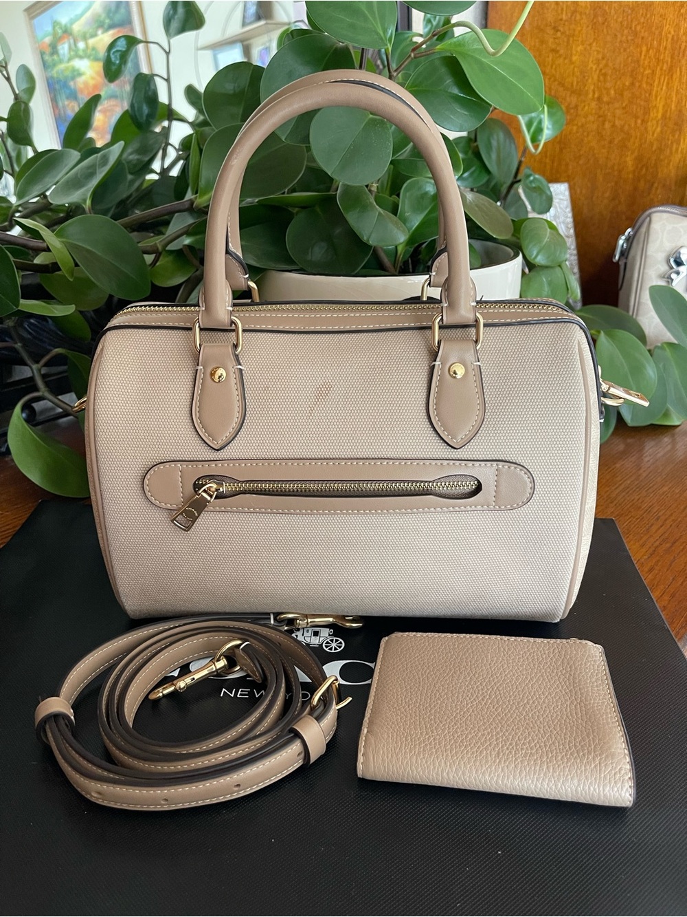 Coach Rowan Satchel in Taupe Fabric with Matching Wallet - Picture 2 of 10